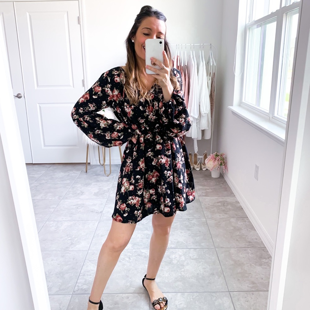 Black Floral Print Long Sleeve Fit & Flare Dress - Picture 14 of 14
